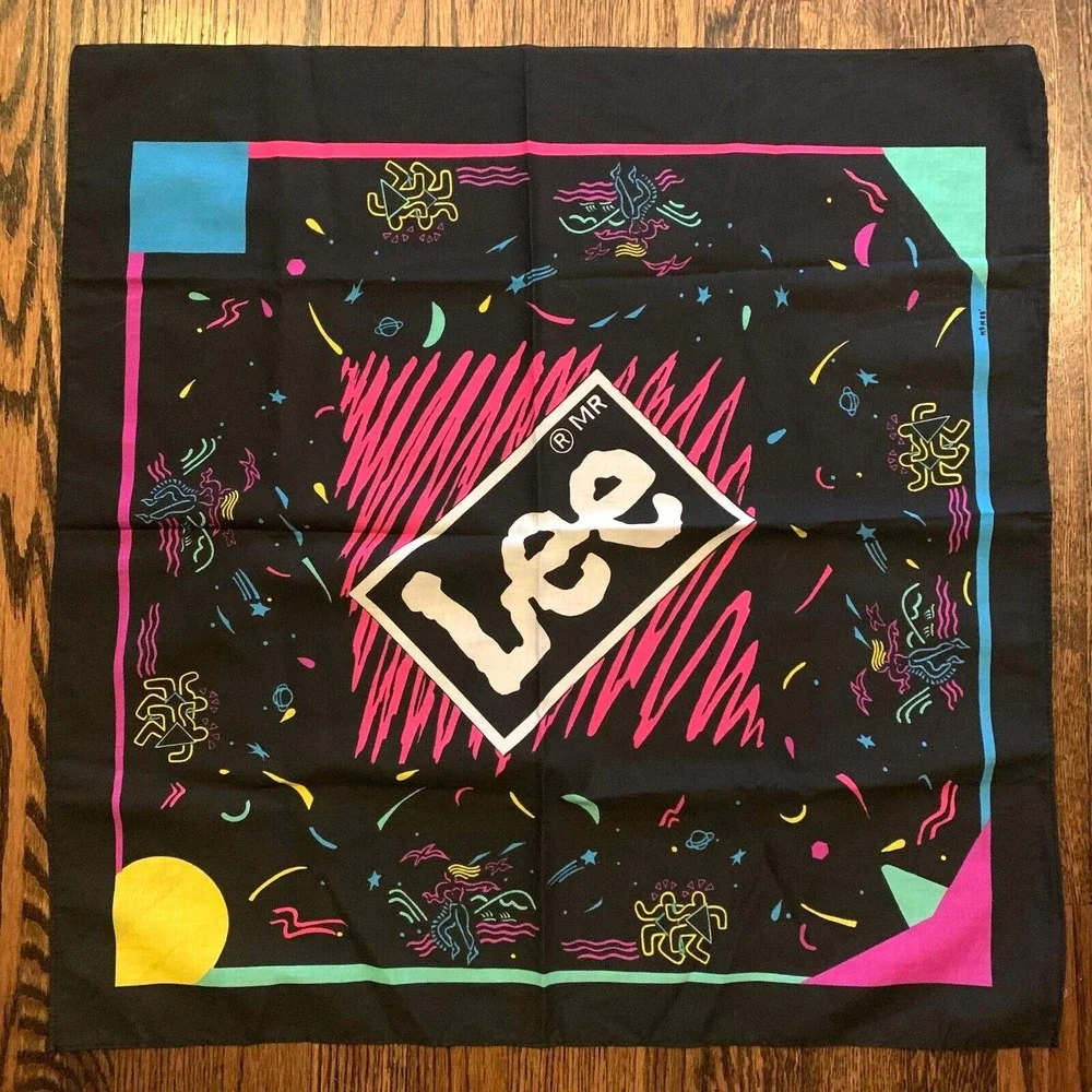 Vintage 80s Lee Bandana Black‎ Neon Signed Logo Advertising Square Handkerchief